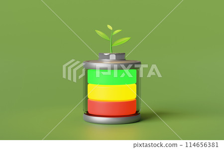 alkaline battery charge indicator with tree isolated on green background. charging battery technology concept, 3d illustration render alkaline battery charge indicator with tree isolated on green background. charging battery technology concept, 3d illustration render 114656381