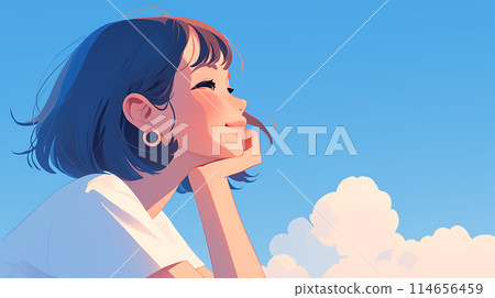 Profile of a girl looking up at the blue sky AI 114656459