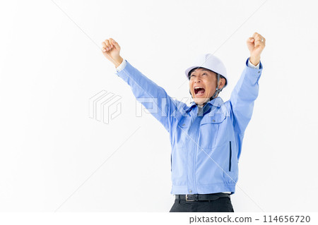 Men in work clothes, helmets, happy 114656720