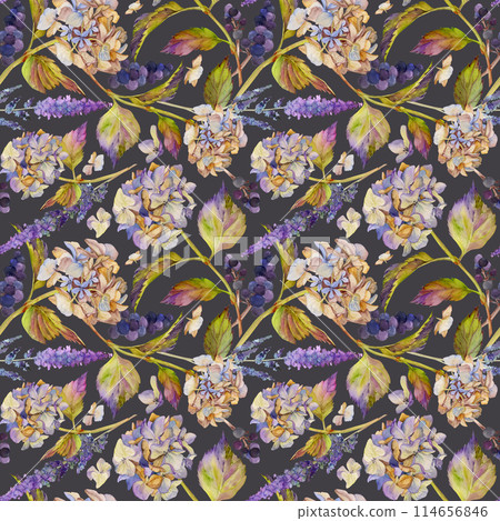 Hand drawn watercolor illustration shabby boho botanical flowers leaves. Hortensia hydrangea veronica buckthorn elderberry berries. Seamless pattern isolated on dark. Design wedding, gift paper fabric 114656846