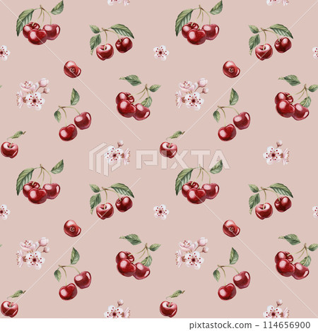 Cherry berries with flowers and leaves, watercolor floral seamless pattern on peach pink background with spring blossom for table textile, delicious prints, fabrics, wrapping paper and food packages Cherry berries with flowers and leaves, watercolor floral seamless pattern on peach pink background with spring blossom for table textile, delicious prints, fabrics, wrapping paper and food packages 114656900