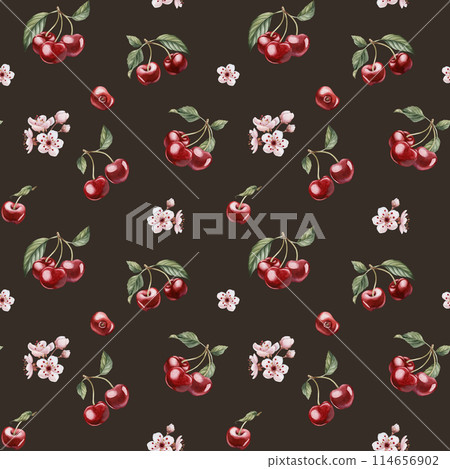 Cherry berries with flowers and leaves, watercolor floral seamless pattern on dark background with spring blossom for table textile, delicious prints, summer fabrics, wrapping paper and food packages Cherry berries with flowers and leaves, watercolor floral seamless pattern on dark background with spring blossom for table textile, delicious prints, summer fabrics, wrapping paper and food packages 114656902