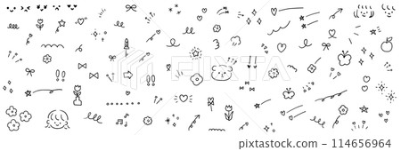 可愛的手繪裝飾插圖的向量插圖集。兒童,閃光,裝飾,鮮花,狗,星星,心 可愛的手繪裝飾插圖的向量插圖集。兒童,閃光,裝飾,鮮花,狗,星星,心 114656964