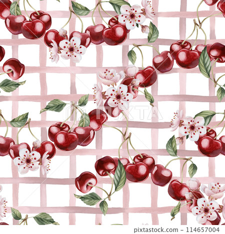 Cherry berries with flowers and leaves, watercolor red checkered seamless pattern on white background with spring blossom for table textile, summer fabrics, prints, wrapping paper and food packages 114657004