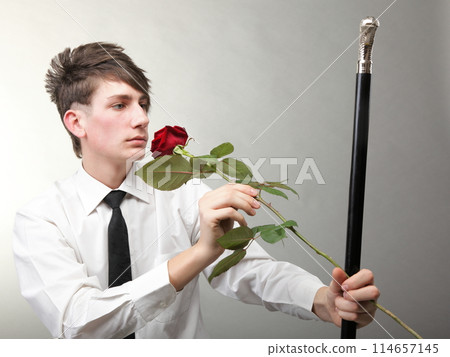 Portrait young man and rose enamoured love 114657145