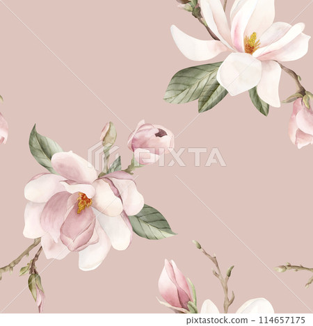Light pink magnolia flower, buds, sprigs and leaves. Watercolor floral seamless pattern on peach pink background. Spring blossom for floral fabric, cosmetic packaging, wrapping paper and home textile Light pink magnolia flower, buds, sprigs and leaves. Watercolor floral seamless pattern on peach pink background. Spring blossom for floral fabric, cosmetic packaging, wrapping paper and home textile 114657175