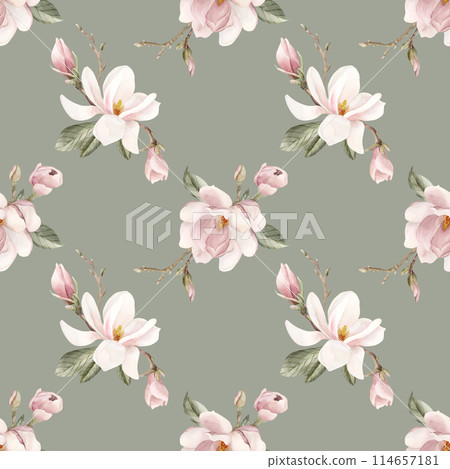 Light pink magnolia flower, buds and leaves. Watercolor floral seamless pattern on grey blue sage green background. Spring blossom for fabric, cosmetic packaging, wrapping paper and home textile 114657181