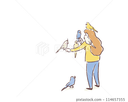 Back view of a woman with a parakeet or bird on her hand, shoulder, or head 114657355