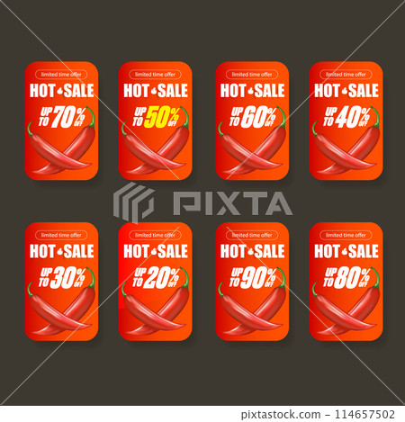 Red Hot sale sticker set with red chili cayenne pepper isolated on grey background. Vector Special hot offer and hot sale red banner, poster,flyer and label collection. 50 Sale sticker or poster 114657502