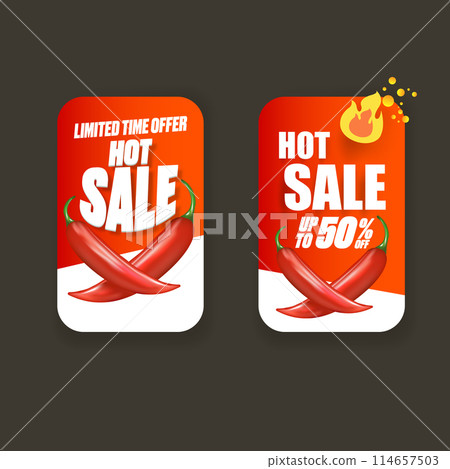Red Hot sale sticker set with red chili cayenne pepper isolated on grey background. Vector Special hot offer and hot sale red banner, poster,flyer and label collection. 50 Sale sticker or poster 114657503