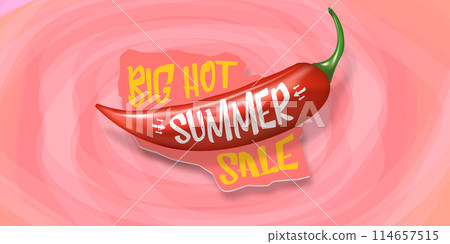 Big Hot summer sale horizontal banner with red chili cayenne pepper isolated on watercolor pink background. Vector 3d horizontal summer hot sale poster, flyer, banner, tag and background 114657515