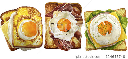 Watercolor set of different toasts with various topping isolated on white collection of wheat sandwiches watercolor illustration. Toasted bread with butter, fried eggs, cheese, hum for design. 114657748