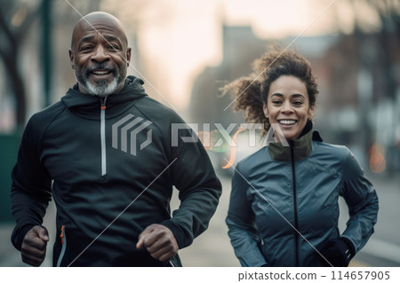 Handsome middle age POC mixed race couple jogging Handsome middle age POC mixed race couple jogging 114657905
