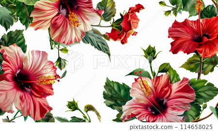 Gorgeous hibiscus flowers and green leaves isolated on white background, art deco style banner, concept for postcard 114658025