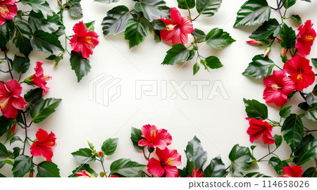 Drawing with gorgeous hibiscus flowers and green leaves on white background, art deco style horizontal banner, postcard concept with space in the center 114658026
