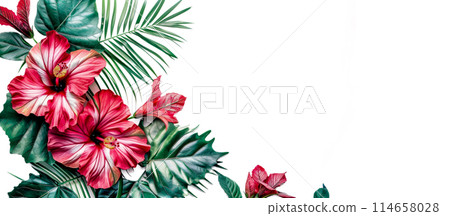 Hibiscus and green leaves on a neutral white background, art deco style horizontal banner with space for concept Hibiscus and green leaves on a neutral white background, art deco style horizontal banner with space for concept 114658028
