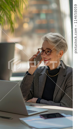 Vertical portrait of a businesswoman working in the office and negotiating on the phone, the concept of the active participation of women in business and economics 114658059