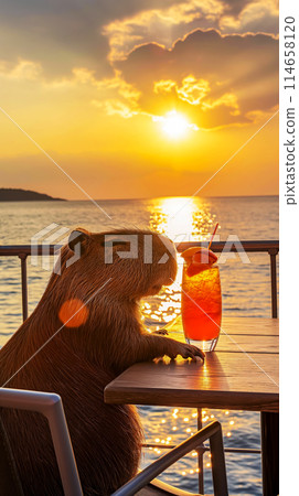Capybara with a cocktail sitting at a table on the liner and enjoying relaxation and a beautiful sunset on a cruise on the coast of Liguria 114658120
