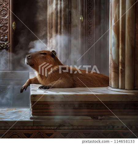Capybara relaxes in the hot pool of a Roman bath in clouds of steam, poster for the Baths advertising project 114658133