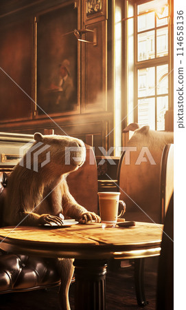 Capybara enjoying a morning cup of coffee in the quiet of an old Viennese cafe, time for vacation and travel. 114658136