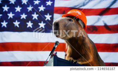 Labor Day poster idea, portrait of a capybara wearing a construction helmet speaking at a rally in front of a podium against the background of the USA flag 114658187