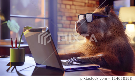 Poster of a capybara programmer analyst. wearing glasses working on a laptop at a table, concept for Labor Day poster Poster of a capybara programmer analyst. wearing glasses working on a laptop at a table, concept for Labor Day poster 114658198