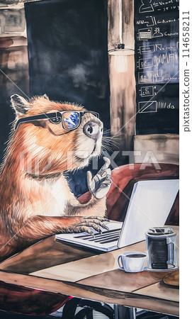 Vertical watercolor drawing of serious capybara programmer in glasses working on laptop at desk, big data processing and analysis, labor day poster 114658211