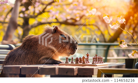 A pensive capybara playing chess in a park surrounded by blooming sakura, a humorous poster advertisement for popularizing the game of chess 114658216