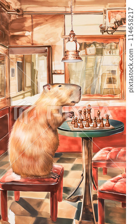 Watercolor drawing of a capybara playing chess in an old cafe, a humorous vertical poster advertising for the popularization of the game of chess 114658217