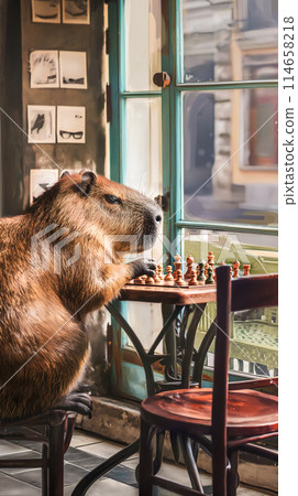 Vertical poster with a capybara playing chess in a cafe by the window, advertising and popularization of chess 114658218