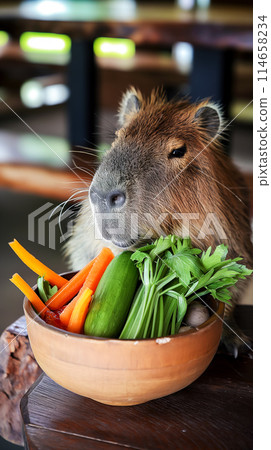 portrait of a capybara having lunch in a cafe, vegetarian bowl with four vegetables or Buddha bowl, vertical poster for vegan food cafe advertising 114658234