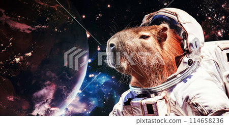 Poster with a capybara dressed in a spacesuit and flying in space against the backdrop of the planet, the discovery and exploration of space Poster with a capybara dressed in a spacesuit and flying in space against the backdrop of the planet, the discovery and exploration of space 114658236