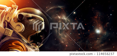 Poster with the idea of discoveries and space exploration, a capybara dressed in a spacesuit and flying in space against the backdrop of stars Poster with the idea of discoveries and space exploration, a capybara dressed in a spacesuit and flying in space against the backdrop of stars 114658237