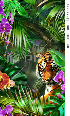 Watercolor drawing with beautiful blooming orchids and palm leaves and bengal tiger peeking out from the jungle, idea about protecting wild life earth day poster or flyer 114658254