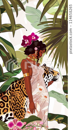 Adult girl and leopard, vertical watercolor poster of woman and leopard, protection of nature and world wild life 114658265