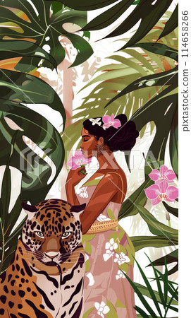 Vertical watercolor poster of woman with orchids and leopard, idea about protecting nature and world wild life 114658266