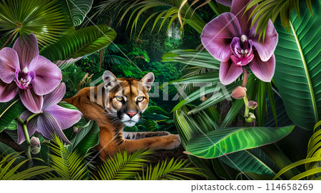 Watercolor drawing of a puma among palm leaves and blooming orchids, drawing of a beautiful big American cat among the jungle, idea about protecting wild life, Earth Day poster or flyer 114658269
