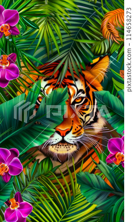 Portrait of a tiger in the jungle, watercolor drawing with beautiful blooming orchids and palm leaves, idea about protecting wild life earth day poster, flyer 114658273
