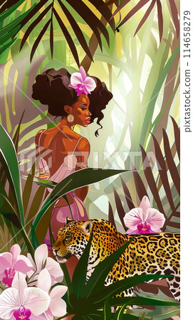 Earth Day poster with young black model with gorgeous orchids in her hair next to a leopard, models in the jungle among palm leaves 114658279