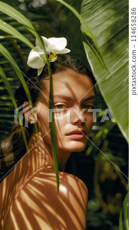 Beautiful young woman with orchids in her hair standing in the jungle among palm leaves, looking at the camera, the sun's rays through the foliage illuminate the model's face, earth day poster 114658286