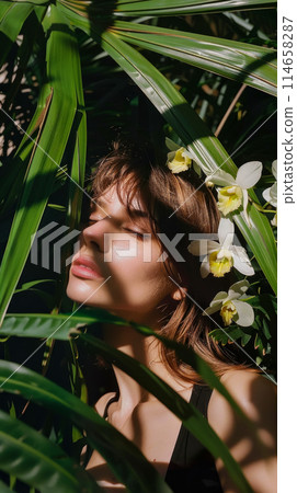 Portrait of a beautiful young woman with orchids in her hair standing in the jungle among palm leaves, the sun's rays through the foliage illuminate the model's face, earth day poster Portrait of a beautiful young woman with orchids in her hair standing in the jungle among palm leaves, the sun's rays through the foliage illuminate the model's face, earth day poster 114658287