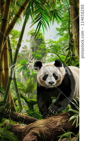 Protection of wildlife and animals, vertical poster with a panda in the forest, drawing of an animal in its natural habitat 114658288