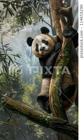 Giant panda in the jungle, drawing in an animal beautiful forest with natural habitat, watercolor drawing about wildlife and nature conservation 114658290