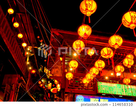 Taiwan, Jiufen Old Street at Night, HDR, Anime Style 114658310