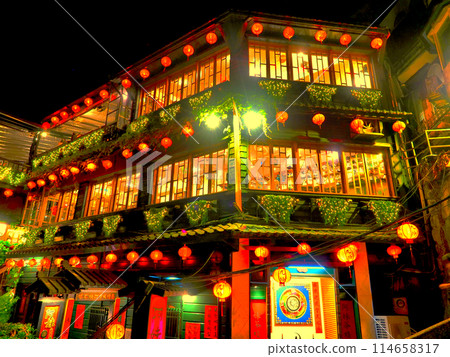 Taiwan, Jiufen Old Street at Night, HDR, Anime Style 114658317