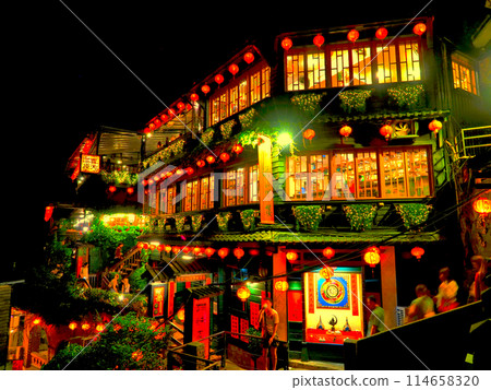 Taiwan, Jiufen Old Street at Night, HDR, Anime Style 114658320