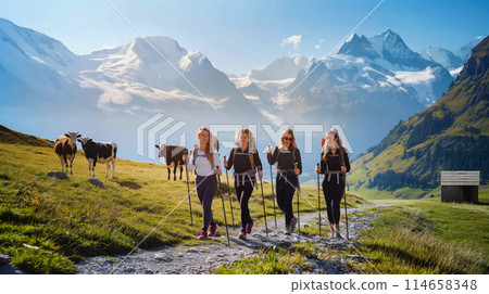 Portrait of girlfriends walking through an alpine meadow against the backdrop of beautiful snowy mountains, advertising active vacation and lifestyle Portrait of girlfriends walking through an alpine meadow against the backdrop of beautiful snowy mountains, advertising active vacation and lifestyle 114658348