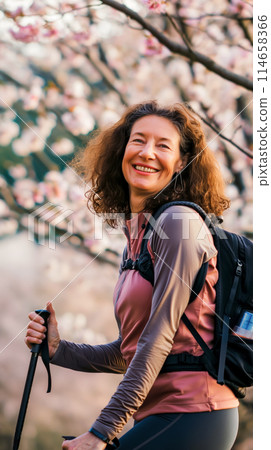 Vertical portrait of an adult woman hiking in the mountains, relaxing and admiring the cherry blossoms, active recreation and playing sports Vertical portrait of an adult woman hiking in the mountains, relaxing and admiring the cherry blossoms, active recreation and playing sports 114658366