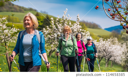 A group of adult women doing fitness and Nordic walking walks through a flowering garden, leading a sporty and active lifestyle in retirement A group of adult women doing fitness and Nordic walking walks through a flowering garden, leading a sporty and active lifestyle in retirement 114658385