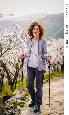 Vertical watercolor poster with an adult smiling Italian woman doing Nordic race walking, standing against a background with a blooming grove of almond trees 114658394